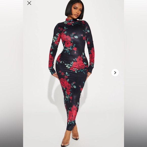 Fashion Nova Floral Long Sleeve Dress - Black and Red - Picture 1 of 3